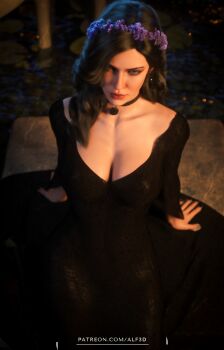 1girl aelf3d alternate_costume alternate_eye_color black_choker black_hair blue_eyes breasts choker cleavage commentary flower flower_wreath head_wreath highres long_hair patreon_username purple_flower solo the_witcher_(series) the_witcher_3 watermark web_address yennefer_of_vengerberg