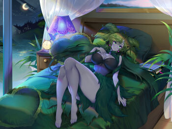 Rule 34 | 1girl, bed, bishoujo senshi sailor moon, bishoujo senshi sailor moon crystal, breasts, city, cleavage, dark green hair, dress, highres, lamp, large breasts, lebachqui126, long hair, looking at viewer, lying, moon, night, on back, solo, tellu (sailor moon), witches 5
