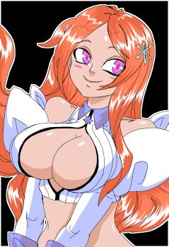 1girl bleach bleach:_sennen_kessen-hen breasts cleavage cleavage_cutout clothing_cutout detached_sleeves hair_ornament inoue_orihime long_hair looking_to_the_side midriff orange_hair purple_eyes tagme