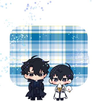 2boys biyoo_(omniscient_reader&#039;s_viewpoint) black_coat black_eyes black_hair black_shirt coat collared_shirt commentary double-parted_bangs eating food full_body hair_between_eyes hands_in_pockets highres holding holding_food holding_ice_cream ice_cream kim_dokja kimidori_22 male_focus multiple_boys omniscient_reader&#039;s_viewpoint open_clothes open_coat popped_collar shirt short_hair standing symbol-only_commentary white_coat yoo_joonghyuk