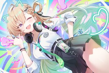 1girl absurdres aqua_necktie black_skirt blonde_hair braid braided_bangs breasts commentary earrings gradient_hair green_hair hair_between_eyes hair_ornament hand_up headphones headphones_around_neck highres id_card jewelry looking_at_viewer lynae_(wuthering_waves) medium_breasts multicolored_hair necktie one_eye_closed open_mouth purple_eyes shirt shirt_tucked_in skirt skull_hair_ornament smile solo star_(symbol) star_earrings white_shirt wuthering_waves yukinya_(yukinya777)