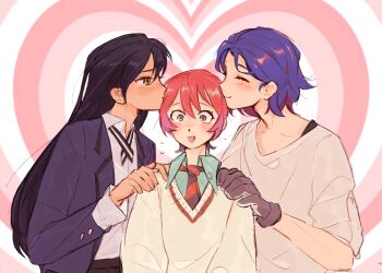 Rule 34 | 1boy, 2girls, amate yuzuriha, aqua shirt, bisexual female, black hair, blue hair, blue jacket, blush, commentary, couple, diagonal-striped clothes, diagonal-striped necktie, embarrassed, gloves, grey gloves, gundam, gundam gquuuuuux, heart, highres, jacket, kiss, long hair, multiple girls, necktie, nyaan (gundam gquuuuuux), polyamory, red hair, shirt, short hair, shuji ito, striped clothes, sweater, symbol-only commentary, tanukimo imo, white shirt, white sweater