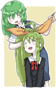 Rule 34 | :d, ahoge, blue skirt, blue vest, blush, bow, bowtie, collared shirt, colored skin, cookie (touhou), cowboy shot, crossover, daiyousei, diyusi (cookie), green hair, hair bow, hair down, long hair, man (man-room), open mouth, red bow, red bowtie, shirt, skirt, skirt set, smile, tone sphere, touhou, trin (tone sphere), vest, white shirt, white skin, yellow bow