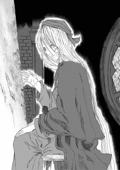 1girl 913kousatu absurdres burn_scar cape closed_mouth commentary_request cowboy_shot dark_souls_(series) dark_souls_iii dress greyscale hat highres indoors long_hair long_sleeves looking_at_viewer looking_to_the_side monochrome painting_woman_(dark_souls) scar sitting smile solo