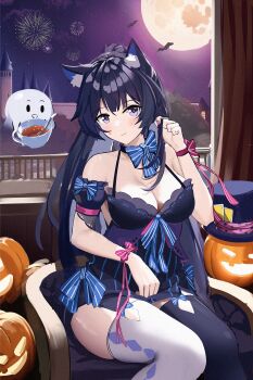 Rule 34 | 1girl, aerial fireworks, animal ears, bare shoulders, black dress, black thighhighs, breasts, castle, cat ears, chinese commentary, cleavage, commentary request, corderoy, couch, detached sleeves, dress, fireworks, full moon, ghost, highres, honkai (series), honkai gakuen, kemonomimi mode, large breasts, long hair, looking at viewer, mismatched thighhighs, moon, night, on couch, pumpkin, purple eyes, purple hair, raiden mei, sitting, smile, solo, thighhighs, thighs, very long hair, white thighhighs