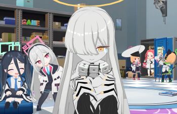 Rule 34 | absurdly long hair, animal ear headphones, animal ears, aqua halo, aris (blue archive), black hair, black hairband, black thighhighs, blender (medium), blue archive, blue eyes, blue halo, blue necktie, blush, borrowed clothes, bow, camera, cat ear headphones, cat ears, ccl waifu, colored skin, commentary, covered eyes, double-parted bangs, ein (blue archive), english commentary, fake animal ears, fake tail, forehead, game development department (blue archive), green halo, hair between eyes, hair bow, hair over one eye, hairband, halo, hat, headphones, highres, holding, jacket, kei (blue archive), kei (new body) (blue archive), kei (robot) (blue archive), large hat, long hair, long hair between eyes, long sleeves, low-tied sidelocks, malkuth (blue archive), midori (blue archive), momoi (blue archive), multicolored jacket, multiple girls, necktie, ohr (blue archive), one side up, open mouth, orange halo, pink eyes, pink halo, power symbol, rectangular halo, red hair, sandals, shirt, siblings, sidelocks, sisters, skirt, slides, smile, sof (blue archive), symbol-shaped pupils, tail, taking picture, thighhighs, twins, two-tone jacket, very long hair, white hair, white jacket, white shirt, white skin, x-shaped pupils, yellow eyes, yellow halo, yuzu (blue archive)