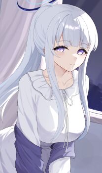 1girl absurdres anima_miko blue_archive breasts collarbone halo highres large_breasts light_smile long_hair looking_at_viewer mechanical_halo noa_(blue_archive) noa_(pajamas)_(blue_archive) pajamas ponytail purple_eyes solo white_pajamas window