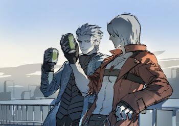 2boys abs against_railing belt black_pants black_vest blue_coat brothers brown_belt brown_pants can chest_belt cityscape coat dante_(devil_may_cry) devil_may_cry devil_may_cry_(series) devil_may_cry_3 drink drink_can fingerless_gloves gloves grey_eyes grey_sky hair_slicked_back holding holding_can holding_drink jacket jewelry light_smile long_sleeves looking_at_another male_chest multiple_boys muted_color navel necklace open_clothes open_coat open_jacket pants railing red_jacket short_hair siblings sky soda_can torn_sleeve twins vergil_(devil_may_cry) vest white_hair yi_tiao_zhi_xian_chong