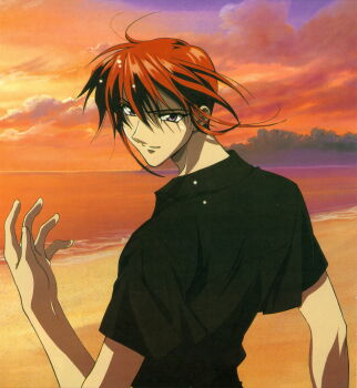 1990s_(style) 1boy absurdres beach black_shirt brown_eyes closed_mouth cloud cloudy_sky from_behind fujimiya_ran hair_between_eyes highres horizon looking_at_viewer looking_back magazine_scan male_focus non-web_source ocean official_art orange_sky outdoors red_hair retro_artstyle sand scan shirt shore short_sleeves sky smile solo standing sunset t-shirt twilight upper_body weiss_kreuz