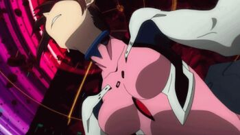 animated animated_gif anime_screenshot bodysuit bouncing_breasts breasts brown_hair evangelion:_3.0_you_can_(not)_redo glasses large_breasts makinami_mari_illustrious mecha_pilot_suit neon_genesis_evangelion pink_bodysuit plugsuit_(evangelion) rebuild_of_evangelion talking