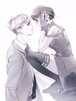 1boy 1girl bare_shoulders black_boots black_dress blush boots breasts collared_shirt couple dress fingerless_gloves gloves greyscale hair_ornament hair_stick hairband hand_in_own_hair hetero high-low_dress high_heel_boots high_heels highres ideksams jacket long_hair looking_at_another medium_breasts monochrome necktie shirt short_hair sidelocks spy_x_family suit_jacket thigh_boots twilight_(spy_x_family) updo white_background white_shirt yor_briar