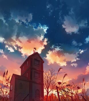 barbed_wire bare_tree blue_sky building cattail church cloud cloudy_sky commentary_request flower gradient_sky grass highres mizuasagi no_humans orange_sky original outdoors plant scenery sky tree twilight weather_vane window