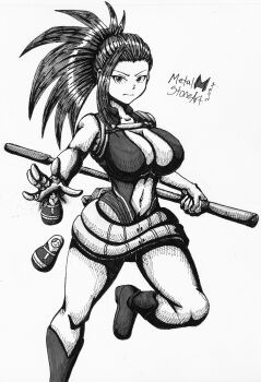 1girl absurdres artist_name bare_shoulders boku_no_hero_academia boots breasts center_opening cleavage female_focus highres holding holding_staff large_breasts leotard long_hair looking_at_viewer matryoshka_doll metalstoneart monochrome ponytail revealing_clothes solo staff superhero_costume thighs watermark yaoyorozu_momo