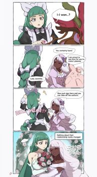 >_< ... 2girls alternate_costume alternate_hairstyle bandages bouquet bow braid breasts bridal_veil bride clefable clipboard closed_eyes comic dark-skinned_female dark_skin dragalge dress elbow_gloves english_text expressionless female_focus flower gen_1_pokemon gen_6_pokemon gloves green_dress green_gloves green_hair hair_bow hat heart highres holding holding_bouquet holding_clipboard holding_pen jacinthe_(pokemon) jewelry large_breasts lebanne_(pokemon) maid maid_headdress marriage_certificate_(object) multiple_girls necklace nintendo open_mouth pen pokemon pokemon_legends:_z-a purple_dress purple_gloves purple_hair purple_hat red_flower red_rose rose see-through_clothes see-through_veil smile speech_bubble tencryingemojis veil wedding wedding_dress white_bow white_flower white_rose wife_and_wife yuri