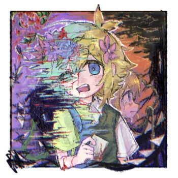 3boys 5_mugiko antenna_hair basil_(faraway)_(omori) basil_(headspace)_(omori) basil_(omori) blonde_hair blood blood_on_face blue_eyes blue_overalls collared_shirt commentary double-parted_bangs dual_persona english_commentary flower flower_wreath green_eyes green_hair green_shirt green_sweater_vest hair_between_eyes hair_flower hair_ornament hashtag-only_commentary head_wreath highres holding holding_photo male_focus multiple_boys omori open_mouth overalls photo_(object) shirt short_hair short_sleeves sidelocks something_(omori) stranger_(omori) sweater_vest t-shirt teeth upper_teeth_only white_shirt