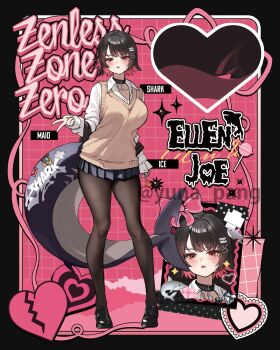 1girl alternate_costume black_hair black_pantyhose black_shoes breasts brown_sweater_vest candy character_name colored_inner_hair ellen_joe fins fish_tail food full_body gyaru_v highres holding holding_candy holding_food holding_lollipop large_breasts loafers lollipop looking_at_viewer multicolored_hair pantyhose pleated_skirt red_hair school_uniform shark_girl shark_tail shirt shoes short_hair skirt solo standing sweater_vest tail thighs twitter_username v white_shirt yuna_(deadawon) zenless_zone_zero