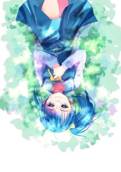 1girl blue_eyes blue_hair blue_sailor_collar blue_vest bow bowtie buckle closed_mouth commentary cut_bangs dappled_sunlight day from_above hair_bow hands_on_own_chest heart heart-shaped_buckle highres hirogaru_sky!_precure long_sleeves looking_at_viewer lying manekineko5319 medium_hair medium_skirt on_back on_ground outdoors pleated_skirt precure sailor_collar shirt side_ponytail single_sidelock skirt smile solo sora_harewataru sunlight upside-down vest white_shirt yellow_bow yellow_bowtie