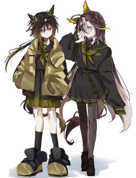 2girls ahoge animal_ears bkv8j black_hair black_pantyhose black_sailor_collar black_shirt black_socks blue_eyes brown_eyes brown_hair closed_mouth coat dream_journey_(umamusume) ear_covers eyewear_strap glasses gradient_clothes gradient_eyes gradient_skirt hair_between_eyes hands_in_pockets highres horse_ears horse_girl horse_tail kneehighs long_hair long_sleeves multicolored_eyes multicolored_hair multiple_girls neckerchief open_clothes open_coat pantyhose pleated_skirt ponytail purple_eyes sailor_collar shirt shoes simple_background skirt smile socks stay_gold_(umamusume) streaked_hair tail umamusume white_background white_hair yellow_coat yellow_neckerchief