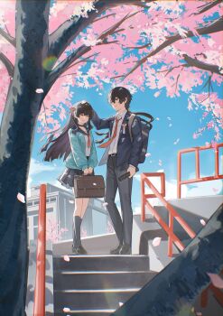 1boy 1girl absurdres alternate_costume aqua_cardigan bag black_choker black_hair black_pants black_sailor_collar black_shoes black_skirt black_socks blazer blue_jacket blue_sky cardigan cherry_blossoms chisa_(wuthering_waves) choker closed_eyes closed_mouth collared_shirt commentary day english_commentary hair_ribbon headpat highres holding holding_bag jacket long_hair male_rover_(wuthering_waves) neckerchief necktie noir_(noir_reveur) open_cardigan open_clothes outdoors pants pink_petals red_neckerchief red_necktie red_ribbon ribbon rover_(wuthering_waves) sailor_collar school_bag school_uniform shirt shoes skirt sky smile socks stairs white_shirt wuthering_waves