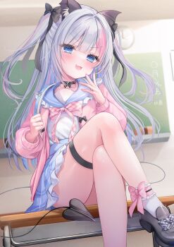 1girl animal_ears ankle_bow ankle_ribbon artist_request black_bow black_choker black_shoes blue_eyes blue_sailor_collar blue_skirt blush bow bowtie cardigan center-flap_bangs choker classroom commentary_request crossed_legs demon_tail desk double-parted_bangs fang flower foot_out_of_frame footwear_bow frilled_sailor_collar frills gingham_bow gingham_bowtie grey_bow grey_hair hair_bow hand_up highres indie_virtual_youtuber indoors leg_up long_sleeves looking_at_viewer miniskirt multicolored_hair nanase_yui_(vtuber) on_desk open_cardigan open_clothes open_mouth pink_bow pink_bowtie pink_cardigan plaid_clothes plaid_skirt ribbon sailor_collar school_desk school_uniform second-party_source serafuku shirt shoes sitting skirt smile socks solo streaked_hair tail thigh_strap two_side_up v-shaped_eyebrows white_shirt white_socks