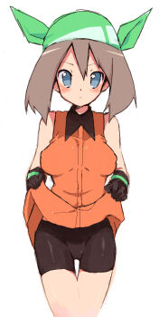 00s 1girl alternate_costume bandana bike_shorts blue_eyes blush breasts brown_hair female_focus hat large_breasts latex may_(pokemon) may_(pokemon_emerald) nakamura_sandayo nintendo pokemon pokemon_rse simple_background solo white_background