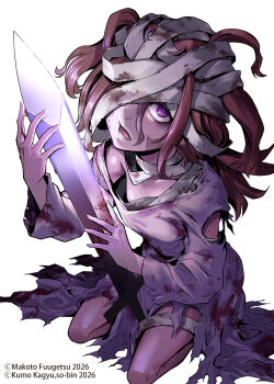 Rule 34 | 1girl, bags under eyes, bandage over one eye, bandaged head, bandages, blade &amp; bastard, blood, blood on clothes, blood on hands, bloody weapon, commentary request, copyright notice, cover, cover page, dress, flat chest, fuugetsu makoto, highres, holding, holding sword, holding weapon, long hair, looking at viewer, manga cover, messy hair, official art, open mouth, orange hair, orlaya (blade &amp; bastard), petite, purple eyes, seiza, simple background, sitting, solo, sword, torn clothes, torn dress, weapon, white background, white dress