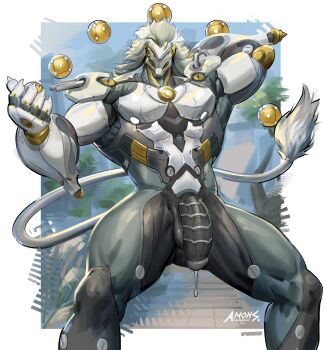 1boy amonsyd artist_name banyue_(zenless_zone_zero) bara claws commentary english_commentary flaccid grey_hair highres long_hair looking_at_viewer male_focus mechanical_penis multicolored_hair muscular muscular_male orb penis precum robot_boy tail testicles white_hair zenless_zone_zero