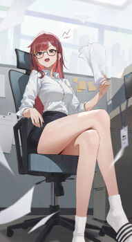 1girl akane_lize bare_legs black-framed_eyewear black_eyes black_skirt breasts button_gap chair collared_shirt commentary_request crossed_legs glasses hair_ornament hairclip highres holding holding_paper korean_commentary long_hair long_sleeves looking_at_viewer medium_breasts miniskirt mole mole_under_eye multicolored_hair office_chair office_lady open_mouth paper pencil_skirt red_hair semi-rimless_eyewear shirt shirt_tucked_in sitting skirt slippers socks solo stellive streaked_hair swivel_chair thighs under-rim_eyewear v-shaped_eyebrows virtual_youtuber white_shirt white_socks yoba