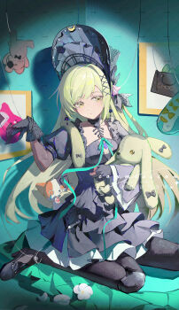 1girl absurdres animal_ears arknights bang_dream! bang_dream!_it&#039;s_mygo!!!!! black_bonnet black_dress black_gloves black_pantyhose black_shoes bonnet closed_mouth commission doll_joints dress floppy_ears frilled_dress frills full_body gloves gothic_lolita green_hair guitar hair_ornament hand_up high_heels highres holding holding_stuffed_toy instrument joints karakara_(974070547) lolita_fashion long_hair long_sleeves looking_at_viewer pantyhose picture_frame puppet_strings rabbit_ears rabbit_girl shoes sidelocks sitting solo stuffed_animal stuffed_cat stuffed_rabbit stuffed_toy wakaba_mutsumi wakaba_mutsumi_(marionette&#039;s_id) watermark watermark_grid x_hair_ornament yellow_eyes