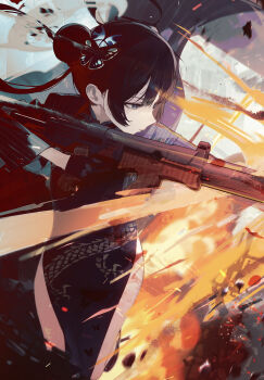 1girl black_hair blue_archive bow china_dress chinese_clothes closed_mouth commentary_request dress drive_shot grey_eyes gun hair_bow highres holding holding_gun holding_weapon kisaki_(blue_archive) profile short_hair solo weapon