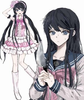 1girl :d black_hair blue_eyes boots bow bowtie bracelet breasts center_frills collarbone commentary_request danganronpa:_trigger_happy_havoc danganronpa_(series) dress frills frown fur_bracelet grey_eyes hair_between_eyes hair_ornament hairband hairclip highres holding holding_knife idol idol_clothes jewelry knee_boots knife long_hair long_sleeves looking_at_viewer maizono_sayaka medium_breasts multiple_views open_mouth pink_bow pink_dress rom9461 sailor_collar school_uniform simple_background smile sweat twintails white_background white_boots white_dress