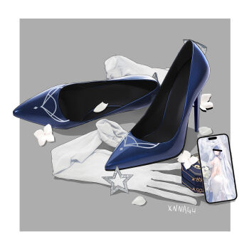 1girl artist_name blindfold blue_footwear blue_hair border bouquet breasts bridal_veil cellphone censored censored_identity character_name dress elbow_gloves flower gloves grey_background half_gloves high_heels highres iphone large_breasts long_hair official_alternate_costume petals phone pumps see-through_clothes shoes simple_background smartphone stiletto_heels unworn_gloves unworn_shoes veil wedding_dress white_border white_dress white_flower white_gloves xnnagu