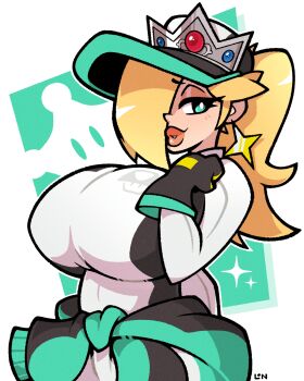 1girl breasts commentary ear_piercing earrings english_commentary hair_over_one_eye highres jewelry legendofnerd mario_(series) mario_kart mario_kart_world nintendo piercing rosalina rosalina_(pro_racer) solo star_(symbol) star_earrings tagme