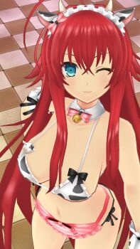 1girl 3d animal_print bell bikini blue_eyes bow bowtie breasts cow_print cow_print_bikini high_school_dxd highres jingle_bell long_hair one_eye_closed print_bikini red_hair rias_gremory senran_kagura senran_kagura_new_link side-tie_bikini_bottom swimsuit wink