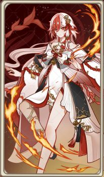 1girl 40dujiu absurdres alternate_costume bare_shoulders bell china_dress chinese_clothes chinese_commentary closed_mouth commentary_request dress fire fu_hua fu_hua_(garuda) genius_invokation_tcg_(style) hair_between_eyes hair_ornament highres honkai_(series) honkai_impact_3rd long_hair long_sleeves looking_at_viewer multicolored_hair red_eyes red_hair solo streaked_hair watermark white_dress white_hair