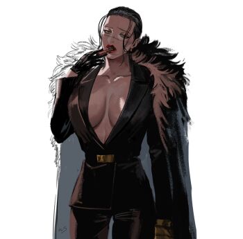 1girl belt black_hair black_pants black_suit breasts cape cigar collarbone cosmetics crocodile_(one_piece) earrings eyeshadow forehead formal_clothes fur_cape genderswap genderswap_(mtf) green_eyes head_tilt holding holding_cigar hook_hand jacket jewelry large_breasts lipstick looking_at_viewer makeup nisir0 no_bra one_piece pant_suit pants plunging_neckline red_lips shadow solo suit suit_jacket