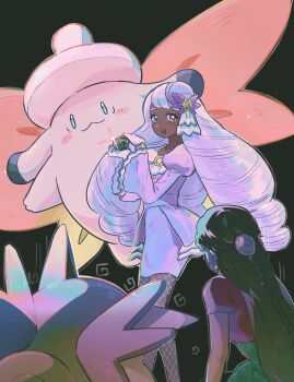 2girls :d black_background clefable commentary_request dark-skinned_female dark_skin dress fishnet_pantyhose fishnets gen_1_pokemon glint gloves hands_up hat highres holding holding_poke_ball jacinthe_(pokemon) korean_commentary long_hair long_sleeves looking_to_the_side luxury_ball majyo_(witch_poke) mega_clefable multiple_girls nintendo open_mouth pantyhose poke_ball pokemon pokemon_legends:_z-a puffy_sleeves purple_dress purple_hat smile swirl teeth tilted_headwear upper_teeth_only