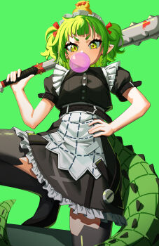 1girl absurdres baseball_bat belt black_belt black_dress black_shoes black_thighhighs blowing_bubble_gum buttons chewing_gum commentary commission crocodile_girl crocodilian_tail dress frilled_dress frills green_background green_eyes hand_on_own_hip highres holding holding_baseball_bat maid maid_headdress nitya_nil phase_connect shadow shoes solo spiked_bat tail thighhighs virtual_youtuber yger
