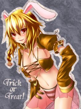 10s 1girl animal_ears bandeau_bikini blonde_hair blush braid breasts brown_eyes bunny_(trickster) cleavage collar covered_erect_nipples detached_sleeves female_focus grey_background halloween highres large_breasts leaning_forward midriff navel panties rabbit_ears rabbit_tail see-through_clothes skirt solo striped_clothes striped_panties tail trick_or_treat trickster_(ntreev_soft) tsuukounin_(pixiv_39749) underwear