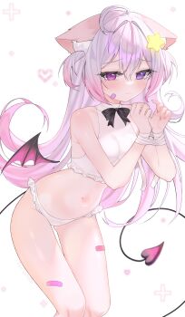 absurdres animal_ears annytf bandaid blush bound bound_wrists commentary detached_wings fox_ears fox_girl hair_ornament heart heterochromia highres indie_virtual_youtuber kuroimill multicolored_hair panties sleeveless symbol-only_commentary tail twintails underwear virtual_youtuber white_background white_hair white_panties wings