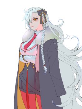 Rule 34 | 1girl, absurdres, backlightshue, black bow, black jacket, bow, braid, crossed arms, crossed bangs, fate/grand order, fate (series), fur-trimmed jacket, fur trim, hair bow, hair over one eye, highres, jacket, jacket on shoulders, long hair, long sleeves, necktie, olga marie animusphere, olga marie animusphere (unbeast), one eye covered, pantyhose, red necktie, red pantyhose, shirt, simple background, solo, white background, white shirt, yellow eyes