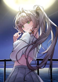 1girl absurdres animal animal_on_shoulder blush breasts brown_hair closed_mouth crop_top cropped_shirt full_moon green_eyes grey_hair grey_skirt hair_intakes hair_ornament hairclip highres hwaryong korean_commentary long_hair long_sleeves looking_at_viewer looking_back medium_breasts midriff moon moonlight night ocean outdoors pleated_skirt ponytail railing shirt skirt sky smile solo viichan virtual_youtuber waktaverse water white_shirt