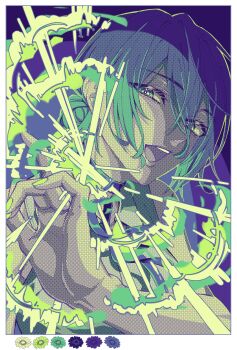 1girl blue_hair border chainsaw_man choker green_eyes green_theme hair_between_eyes hair_bun highres imminent_explosion limited_palette neck_ribbon nine_aomn open_mouth purple_choker purple_ribbon reze_(chainsaw_man) ribbon shirt sleeveless sleeveless_shirt solo white_border