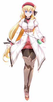 1girl agnes_claudel artist_name bag beret black_thighhighs blonde_hair blue_eyes boots braid breasts bun_with_braided_base closed_mouth double-parted_bangs eiyuu_densetsu full_body hair_between_eyes hair_bun handbag hat kai_no_kiseki kuro_no_kiseki_(series) large_breasts long_hair long_sleeves looking_at_viewer low-tied_long_hair puffy_long_sleeves puffy_sleeves red_hat simple_background single_hair_bun single_side_bun smile solo tachi-e thigh_boots thighhighs white_background xiacheng_tatsuya