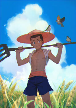 1boy bird blue_eyes blue_sky buzz_cut cloud cloudy_sky field hat holding holding_pitchfork male_focus navel nipples open_clothes original pitchfork ryou_hiryuu shaved_head shirt shorts sky solo standing toned toned_male very_short_hair white_shirt