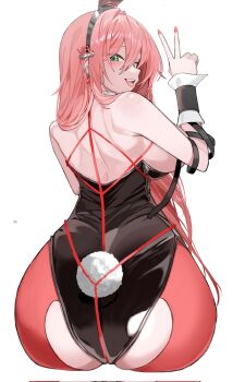 Rule 34 | 1girl, animal ears, ass, back, bare shoulders, black hairband, black leotard, black wrist cuffs, blush, breasts, commentary, drummer 12, ear piercing, earrings, fingernails, goddess of victory: nikke, green eyes, hair between eyes, hair intakes, hairband, hashtag-only commentary, heart, heart earrings, highres, jewelry, large breasts, leotard, long hair, looking at viewer, looking back, median furrow, mole, mole under eye, nail polish, open mouth, pantyhose, piercing, pink hair, pink nails, playboy bunny, rabbit ears, rabbit tail, red pantyhose, shoulder blades, simple background, smile, solo, tail, teeth, upper teeth only, v, velvet (nikke), velvet (sensual rabbit) (nikke), white background, white wrist cuffs, wrist cuffs