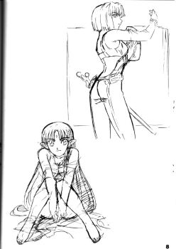 2girls barefoot bindi bra dressing greyscale lafiel lexshu_wef-robell_plakia monochrome multiple_girls musashiseki_bombers official_art pointy_ears scan seikai_no_senki sitting sketch sword underwear watabe_keisuke weapon