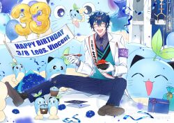 1boy :3 aqua_sweater_vest armband balloon blue_flower blue_hair blue_necktie blue_pants bowl box character_name closed_eyes coat confetti cupcake envelope fish_(food) flower food gagake_v gift gift_box glasses grey_shirt happy_birthday highres holding holding_bowl holding_spoon ikura_(food) lab_coat leos_vincent leos_vincent_(1st_costume) male_focus mameneko_(leos_vincent) necktie nijisanji nijisanji_idol_uniform number_balloon object_in_pocket open_clothes open_coat pants pen_in_pocket pinstripe_pants pinstripe_pattern pocket print_shirt purple_armband shirt short_hair sitting smile solo spoon spread_legs star_balloon sweater_vest teeth tie_clip upper_teeth_only virtual_youtuber white_coat