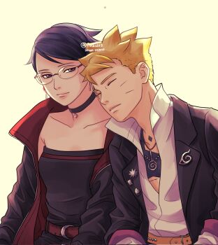 1boy 1girl belt black_choker black_eyes black_hair black_jacket black_romper blonde_hair boruto:_two_blue_vortex breasts brown_belt choker closed_eyes commentary corrupted_twitter_file earrings facial_mark glasses head_on_another's_shoulder highres jacket jewelry konohagakure_symbol matsu_(fu6ide2) naruto_(series) necklace pin romper scar scar_across_eye scar_on_face short_hair sleeping small_breasts smile strapless_romper symbol-only_commentary two-sided_fabric two-sided_jacket uchiha_sarada uzumaki_boruto whisker_markings