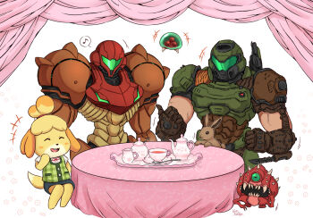 1boy 2girls animal_crossing armor cacodemon crossover cup daisy_(doom) doom_(series) doom_eternal doomguy flower isabelle_(animal_crossing) laughing metroid metroid_(creature) metroid_larva multiple_crossover multiple_girls muscular muscular_male musical_note nintendo opaque_helmet power_armor power_suit_(metroid) rabbit samus_aran smile speech_bubble spoken_musical_note table tablecloth tea_party teacup teapot varia_suit wakaba_(wata_ridley)